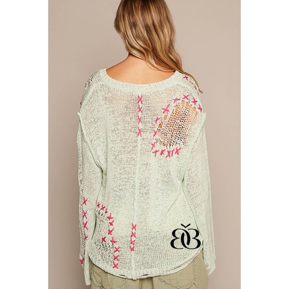 POL Pistachio Green Distressed V Neck Thin Sweater Hot Pink Stitching - Picture 2 of 7